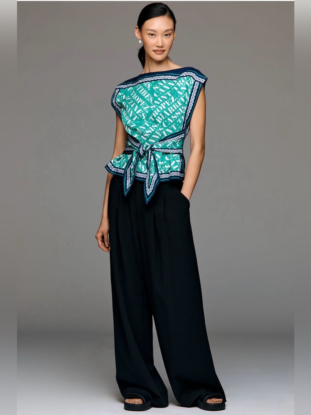 Maeve Boat-Neck Sleeveless Tie-Front Top